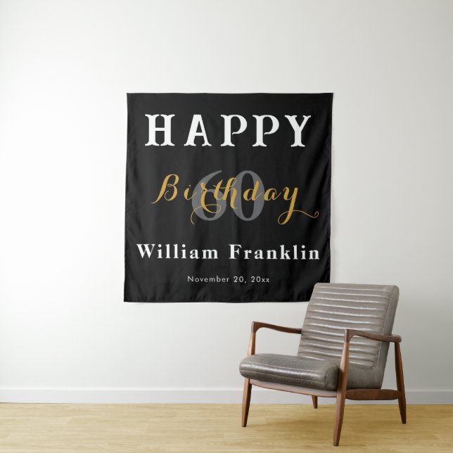 Solid Black 60th Birthday Party Celebration Tapestry (In Situ)