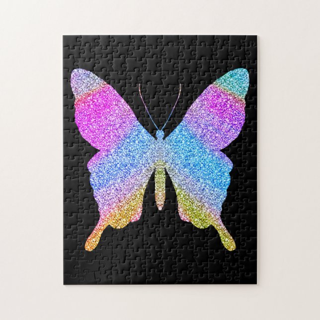 Solid Black Colourful Glitter Butterfly Fun Cute Jigsaw Puzzle (Vertical)