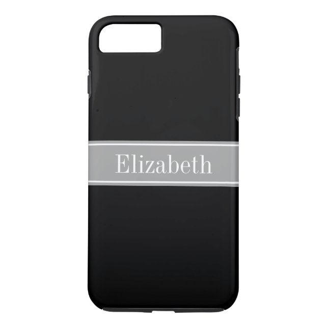 Solid Black, Dark Grey Ribbon Name Monogram Case-Mate iPhone Case (Back)