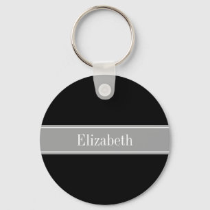 Solid Black, Dark Grey Ribbon Name Monogram Keychain