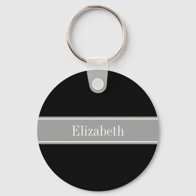 Solid Black, Dark Grey Ribbon Name Monogram Keychain (Front)