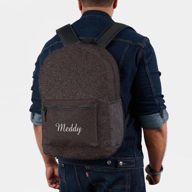 solid black monogrammed black glitter texture printed backpack (Insitu (Model))