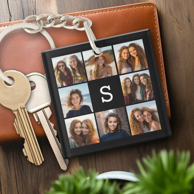Solid Black Photo Collage Custom Monogram Keychain (Personalized keychain with photo collage and monogram)