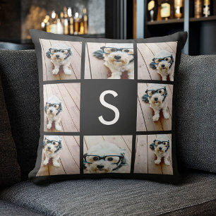 Solid Black Photo Collage Custom Monogram Throw Pillow