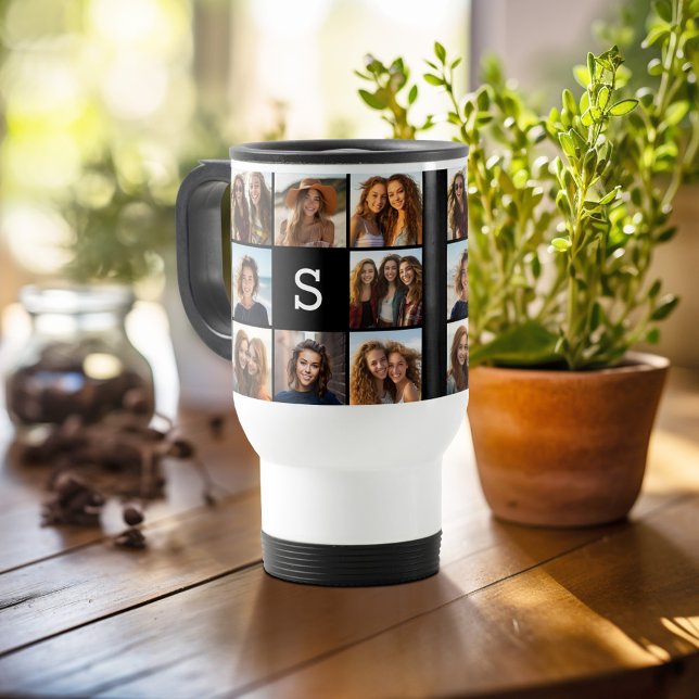 Solid Black Photo Collage Custom Monogram Travel Mug (Personalized travel mug - add photos and text or customize completely)