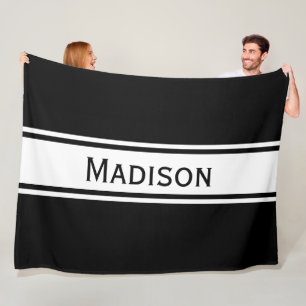 Solid Black White Stripes Modern Name Fleece Blanket