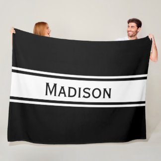 Solid Black White Stripes Modern Name Fleece Blanket