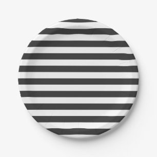 Solid Black & White Stripes Party Paper Plate