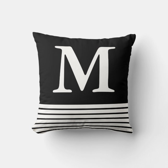 Solid Black With B/W Stripes Custom Monogrammed  Throw Pillow (Front)