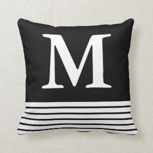 Solid Black With B/W Stripes Custom Monogrammed  Throw Pillow