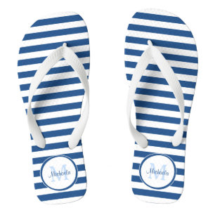 Solid Blue Stripes With Chic Monogram and Name Flip Flops
