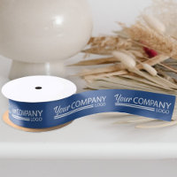 Solid Blue White Business Logo Branded Gift Ribbon