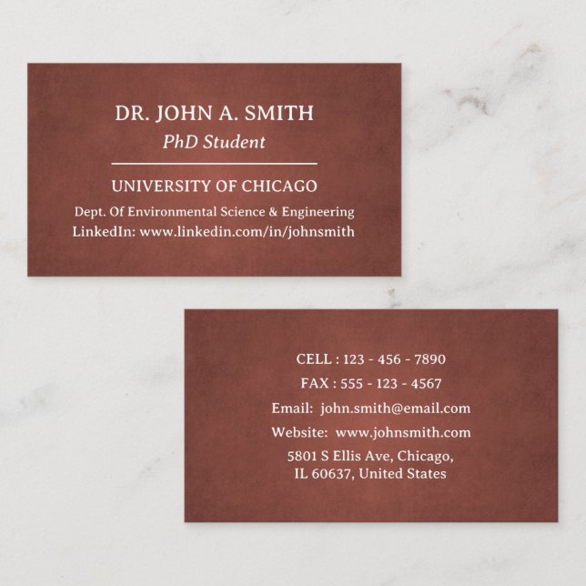 Solid Brown PhD Student Business Card (Front/Back)
