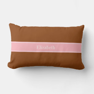Solid Brown, Pink Ribbon Name Monogram Lumbar Pillow
