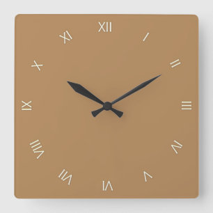 Solid Brown White Roman Numerals Square Wall Clock