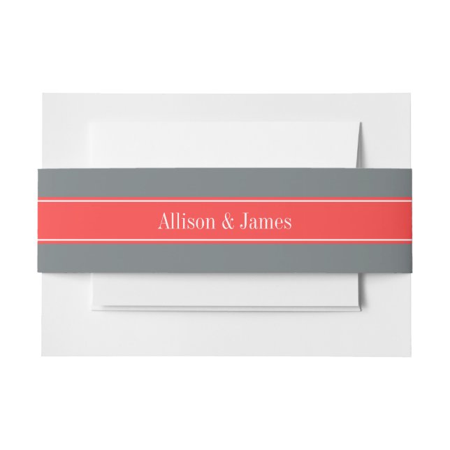 Solid Charcoal Grey Coral Red Ribbon Name Monogram Invitation Belly Band (Front Example)