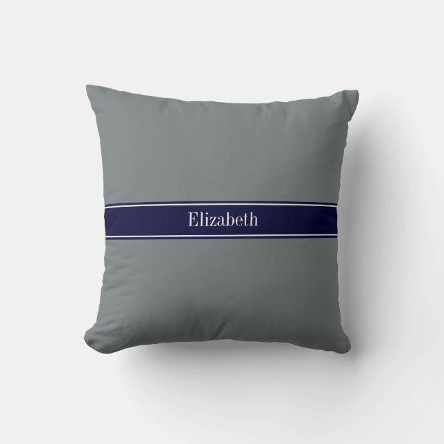 Solid Charcoal Grey Navy Blue Ribbon Name Monogram Throw Pillow (Front)