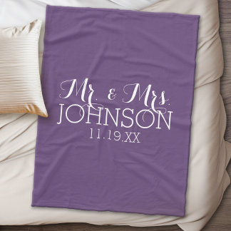 Solid Colour Aubergine Mr & Mrs Wedding Favour Fleece Blanket
