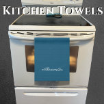 Solid Colour Dark Teal Blue template White Script Kitchen Towel<br><div class="desc">Solid coloured background. TEMPLATE for the name in Black script. A Modern kitchen apron featuring an easy-to-personalize template, for the perfect custom kitchen.</div>