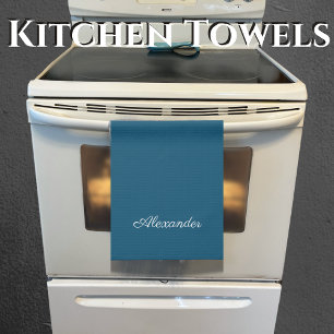 Solid Colour Dark Teal Blue template White Script Kitchen Towel