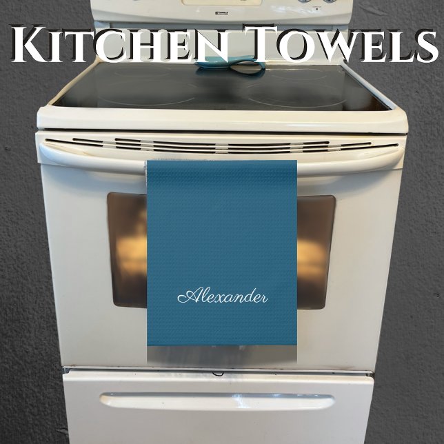 Solid Colour Dark Teal Blue template White Script Kitchen Towel (Creator Uploaded)