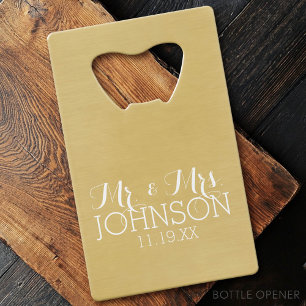 Solid Colour Gold - Mr & Mrs Wedding Favours Credit Card Bottle Opener