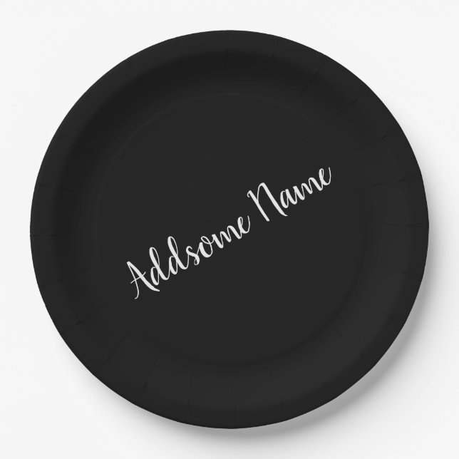 Solid Colour Modern Basic Black Monogrammed Paper Plate (Front)