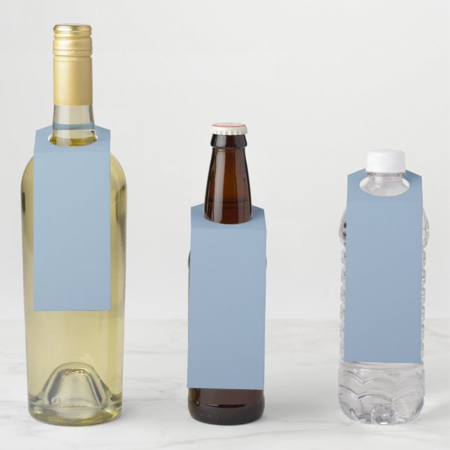 Solid colour plain pastel pale blue bottle tag (In Situ)