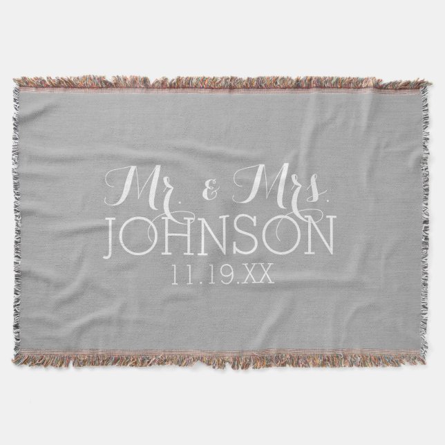 Solid Colour Silver - Mr & Mrs Wedding Favours Throw Blanket (Front)