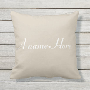 Solid Colour Taupe Grey  White  Script name custom Outdoor Pillow