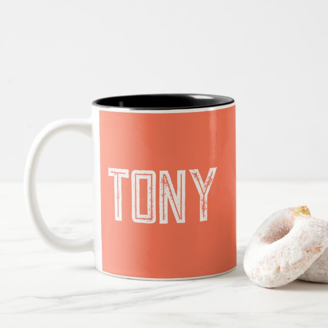 Solid Coral Custom Name Monogram Two-Tone Coffee Mug (With Donut)