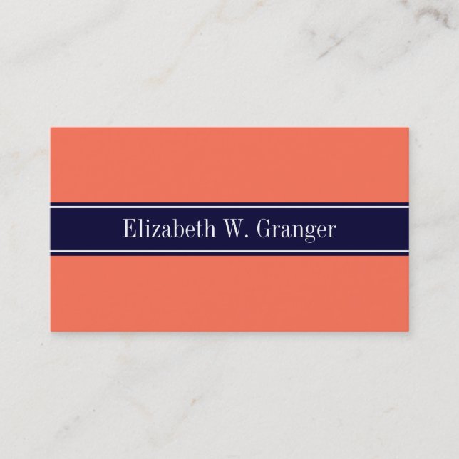 Solid Coral, Navy Blue Ribbon Name Monogram Business Card (Front)
