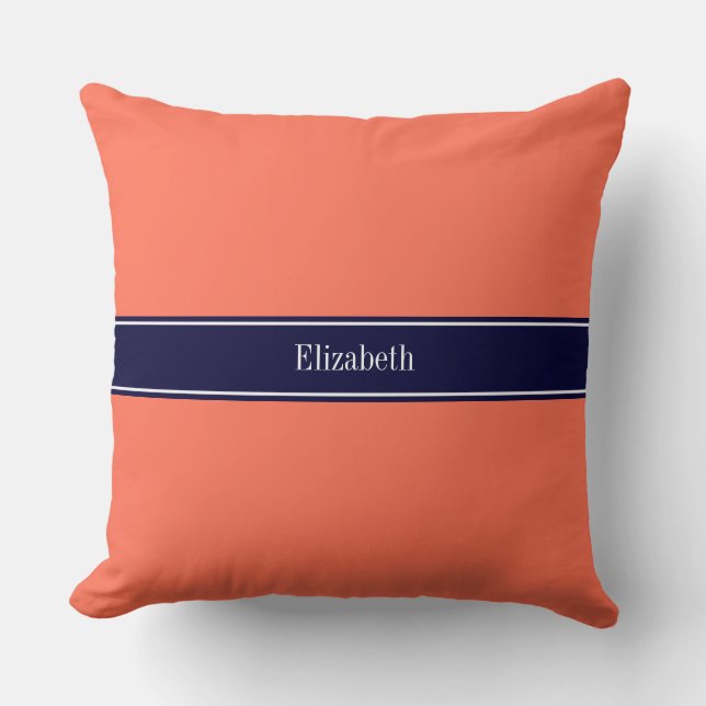 Solid Coral, Navy Blue Ribbon Name Monogram Throw Pillow (Front)