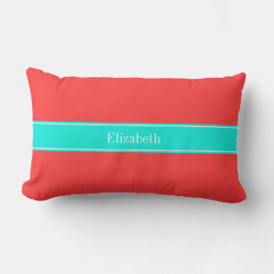 Solid Coral Red, Bright Aqua Ribbon Name Monogram Lumbar Pillow