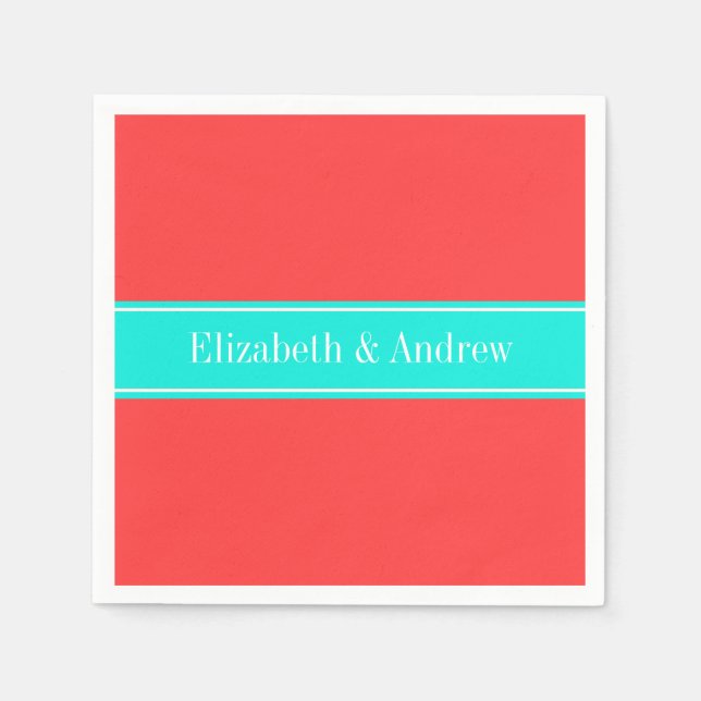 Solid Coral Red, Bright Aqua Ribbon Name Monogram Napkin (Front)