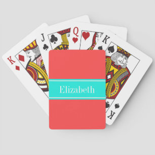 Solid Coral Red, Bright Aqua Ribbon Name Monogram Playing Cards