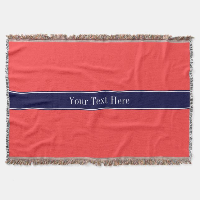 Solid Coral Red, Navy Blue Ribbon Name Monogram Throw Blanket (Front)