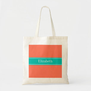 Solid Coral, Teal Ribbon Name Monogram Tote Bag