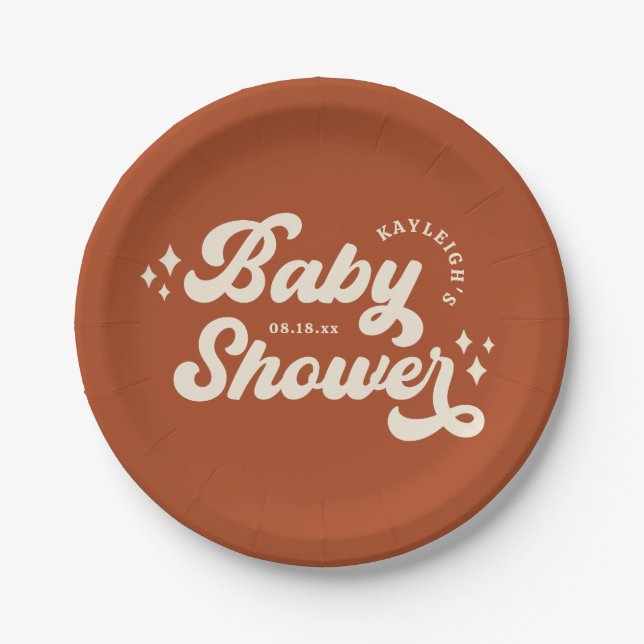 Solid Custom Colour Retro Boho Baby Shower Paper Plate (Front)