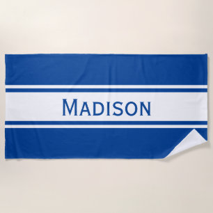 Solid Deep Blue White Stripes Modern Name Beach Towel