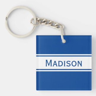 Solid Deep Blue White Stripes Modern Name Keychain