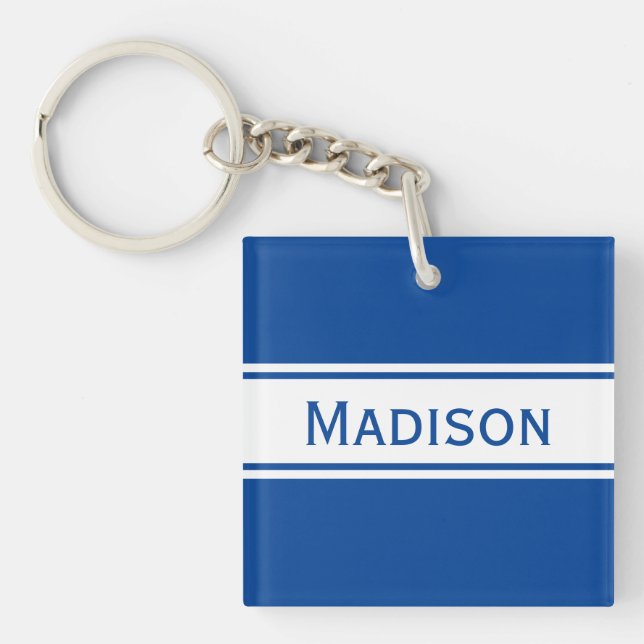 Solid Deep Blue White Stripes Modern Name Keychain (Front)