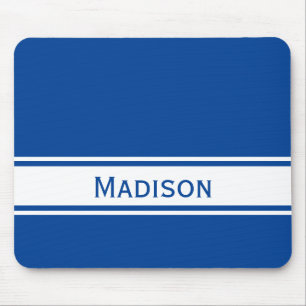 Solid Deep Blue White Stripes Modern Name Mouse Pad