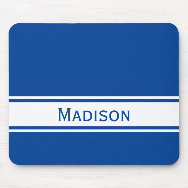 Solid Deep Blue White Stripes Modern Name Mouse Pad (Front)
