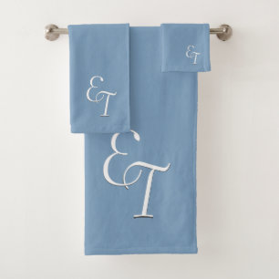 Solid Dusky Blue Monogram Bath Towel Set