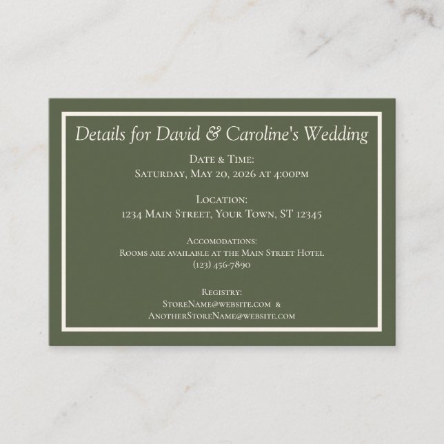 Solid Forest Green Modern Wedding Details Enclosure Card (Front)