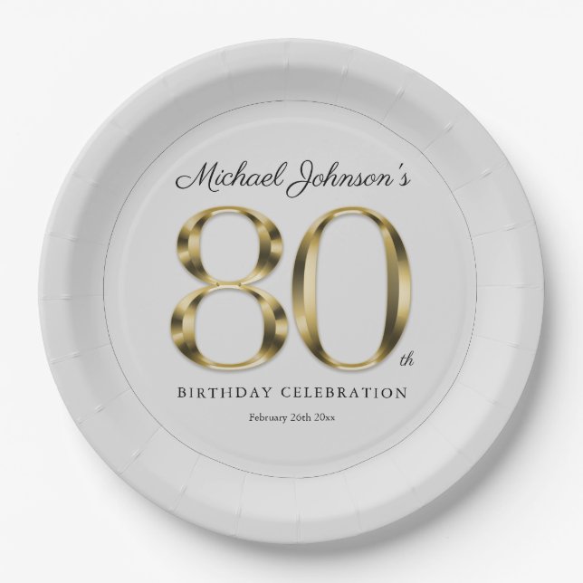 Solid Gold 80th Eightieth Text Light Grey Elegant Paper Plate (Front)