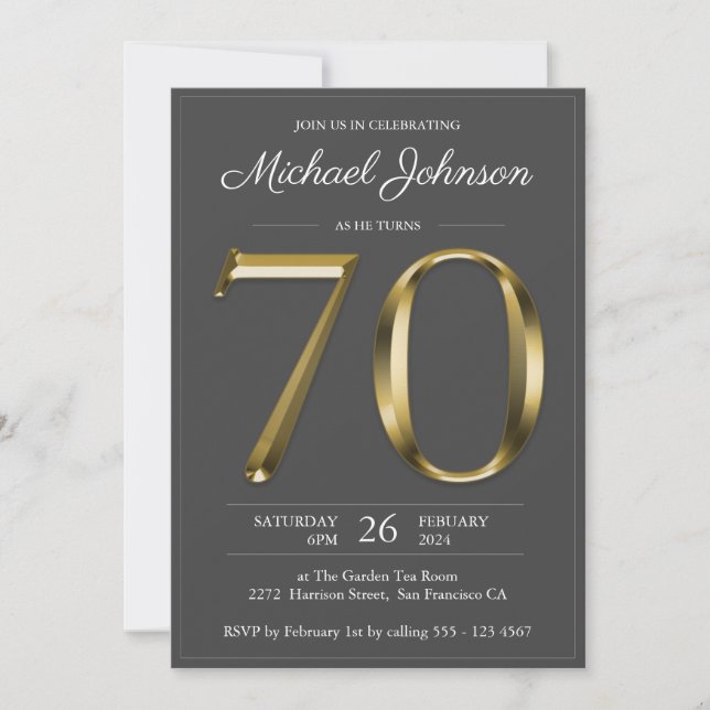 Solid Gold Text Dark Grey 70th Birthday Party Invitation (Front)