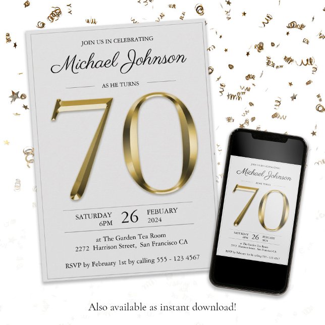 Solid Gold Text Grey Simple Classy 70th Birthday Invitation (70th Birthday Solid Gold Text Gray Simple Classy Invitation)