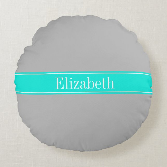 Solid Grey, Bright Aqua Ribbon Name Monogram Round Pillow (Front)
